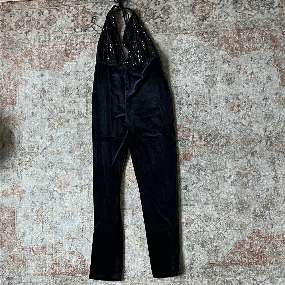 Bozzolo Black Sequin Velvet Halter Jumpsuit - Picture 9 of 14